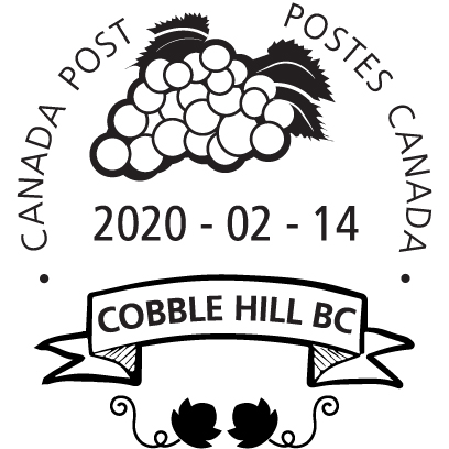 Raisins, bannière Cobble Hill BC et fleurs stylisées, avec la date 14 février 2020.