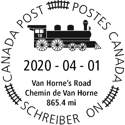 Train à vapeur classique et titre Chemin de Van Horne 865.4 mi, avec la date 1er avril 2020.