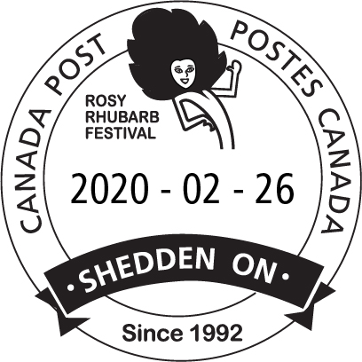 Femme à grosse coiffure et titre Rosy Rhubarb Festival, avec l’année 1992 et la date 26 février 2020.