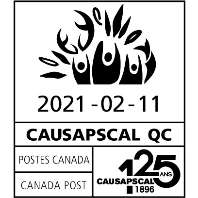 Illustration autochtone canadienne, logo des 125 ans de Causapscal depuis 1896, avec la date 11 février 2021.