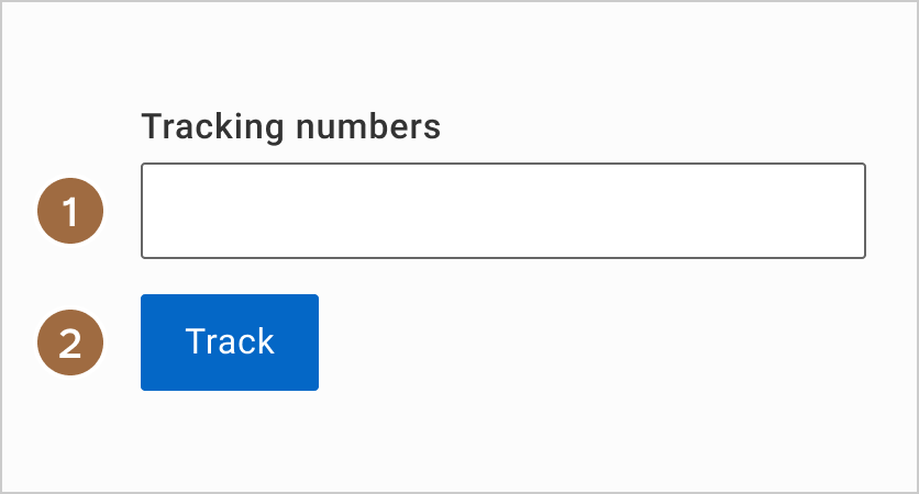 A numbered diagram showing the Tracking numbers box (step 1) and the Track button (step 2).