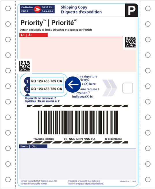 An example of a Priority counter shipping label with an arrow indicating where the tracking numbers are found.