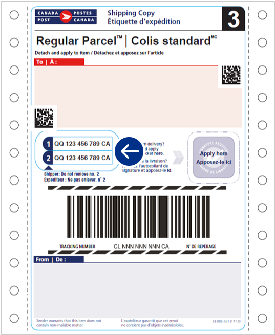 An example of a Regular Parcel counter shipping label with an arrow indicating where the tracking numbers are found.
