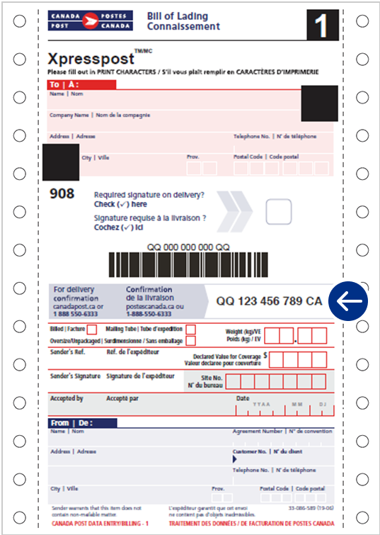 An example of an Xpresspost Bill of Lading
