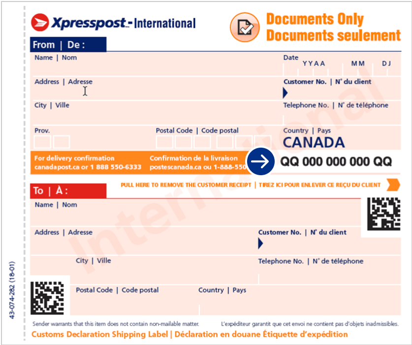 An example of an Xpresspost – International shipping label.