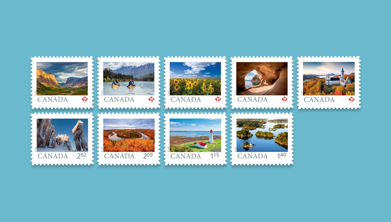 The 9 stamps of the “From Far and Wide” series celebrate the beauty and diversity of Canada’s natural and cultural landscapes.