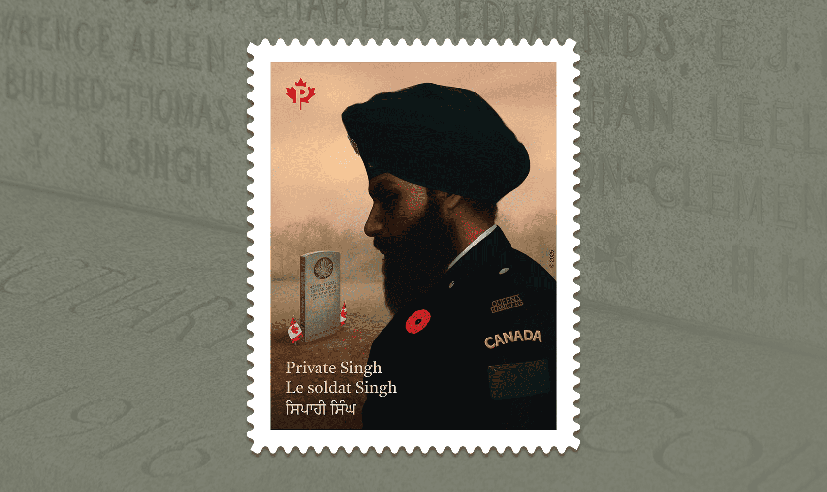 Stamp features a Canadian Sikh soldier paying his respects and reads “Private Singh” in English, French and Punjabi. It’s shown with a Cenotaph inscription in the background.