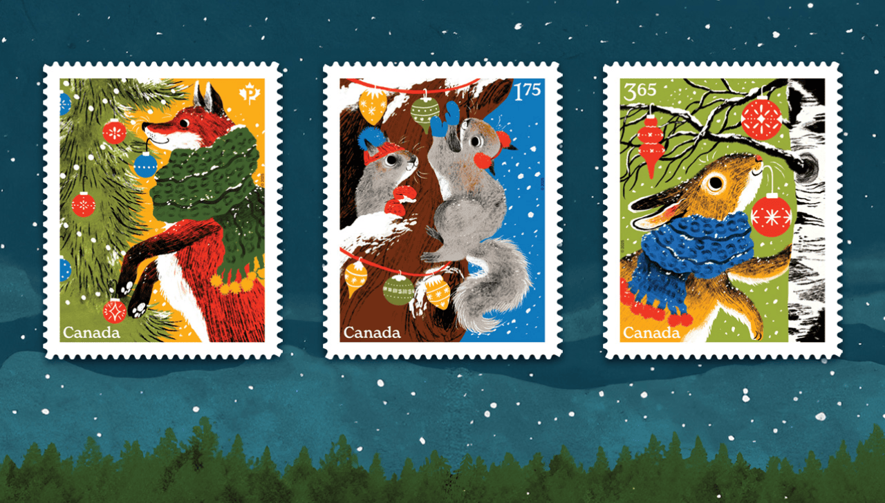 The three holiday stamps feature illustrations of a fox, squirrels and a rabbit cheerily decorating their homes for the holidays.