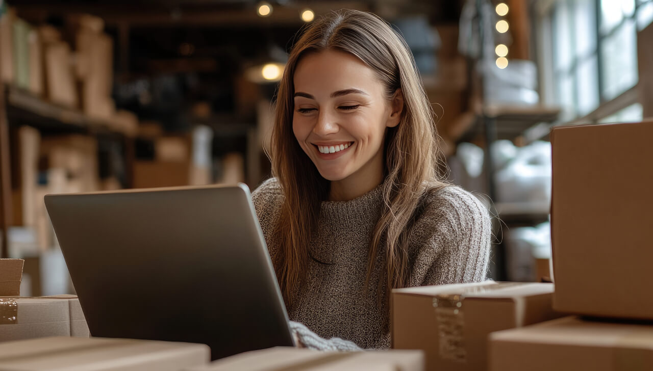 A smiling woman works on a laptop in a warehouse. There are cardboard boxes on the table next to her and in the background.
