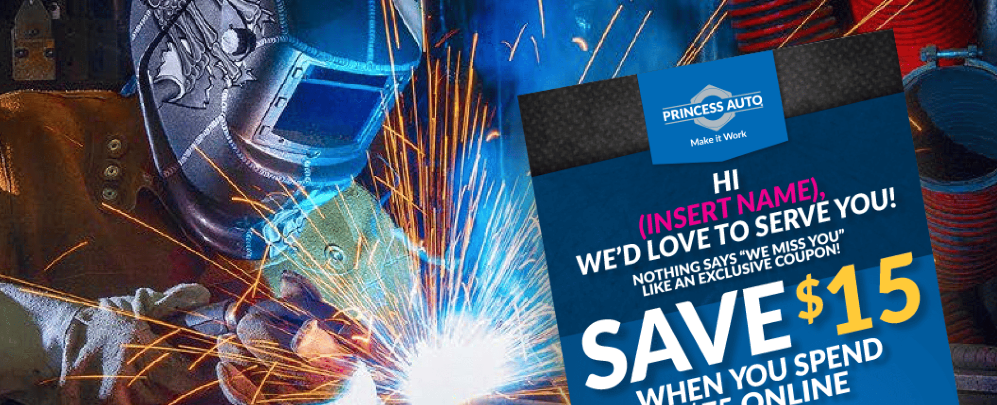 Princess Auto Personalized Mail card offering returning customers an online coupon code.