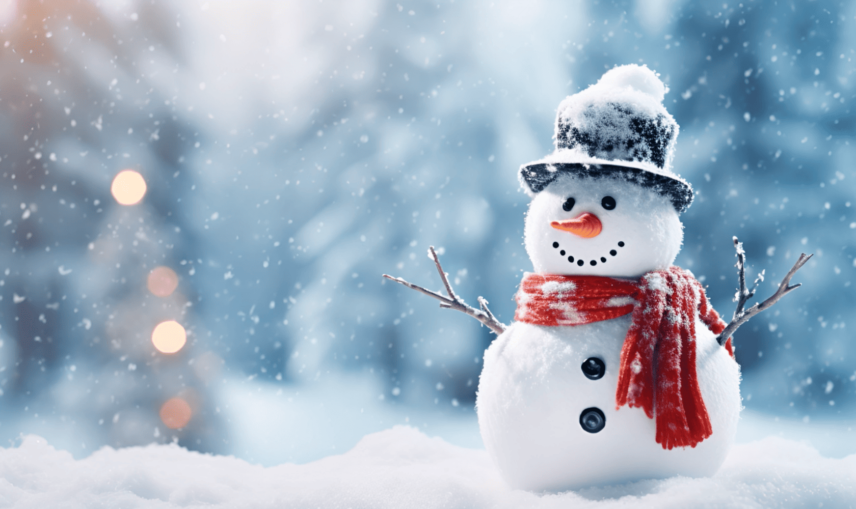 Cheerful snowman with top hat, red scarf and carrot nose standing in falling snow.