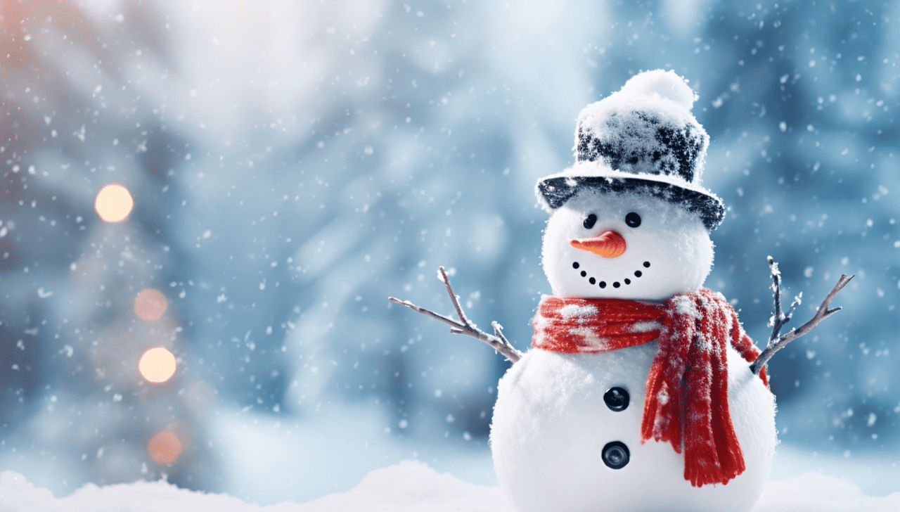 Cheerful snowman with top hat, red scarf and carrot nose standing in falling snow.