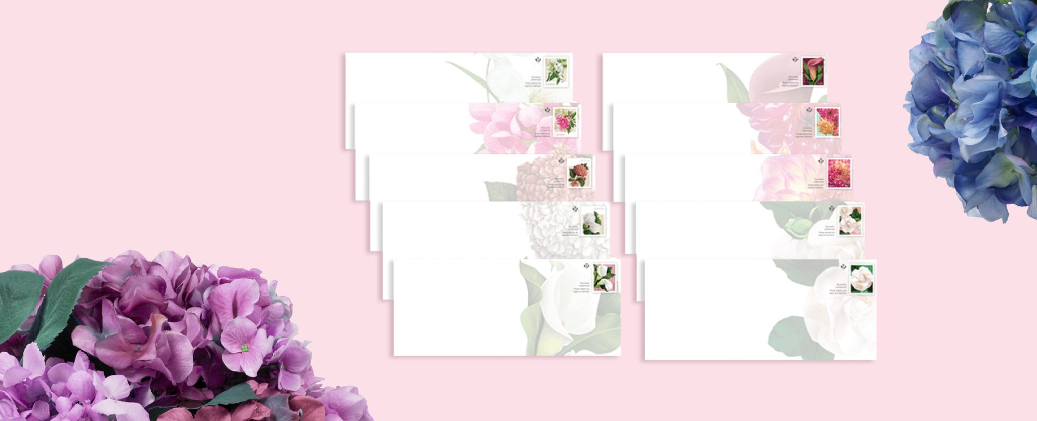 Stamped envelopes from Canada Post’s flower stamp issues.