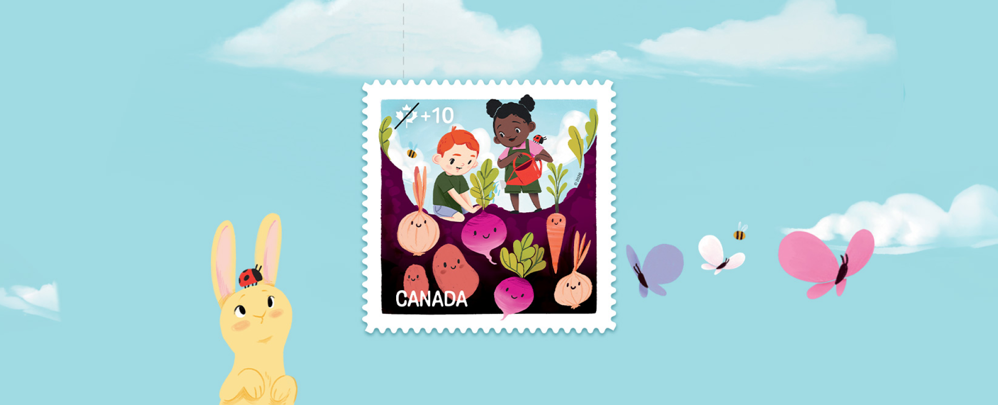 Community Foundation fundraising stamp features an illustration of 2 smiling children gardening root vegetables.