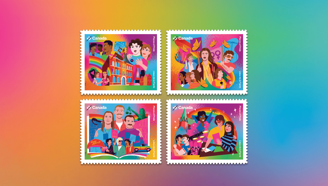 The 4 “Places of Pride” stamps showing 2SLGBTQIA+ spaces in Canada: meeting spots, safe spaces, protest sites and community gathering spaces.