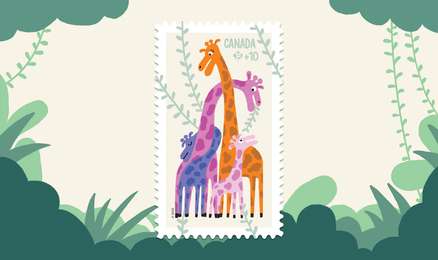 The 2025 Community Foundation stamp features an illustration of giraffes caring for their young.