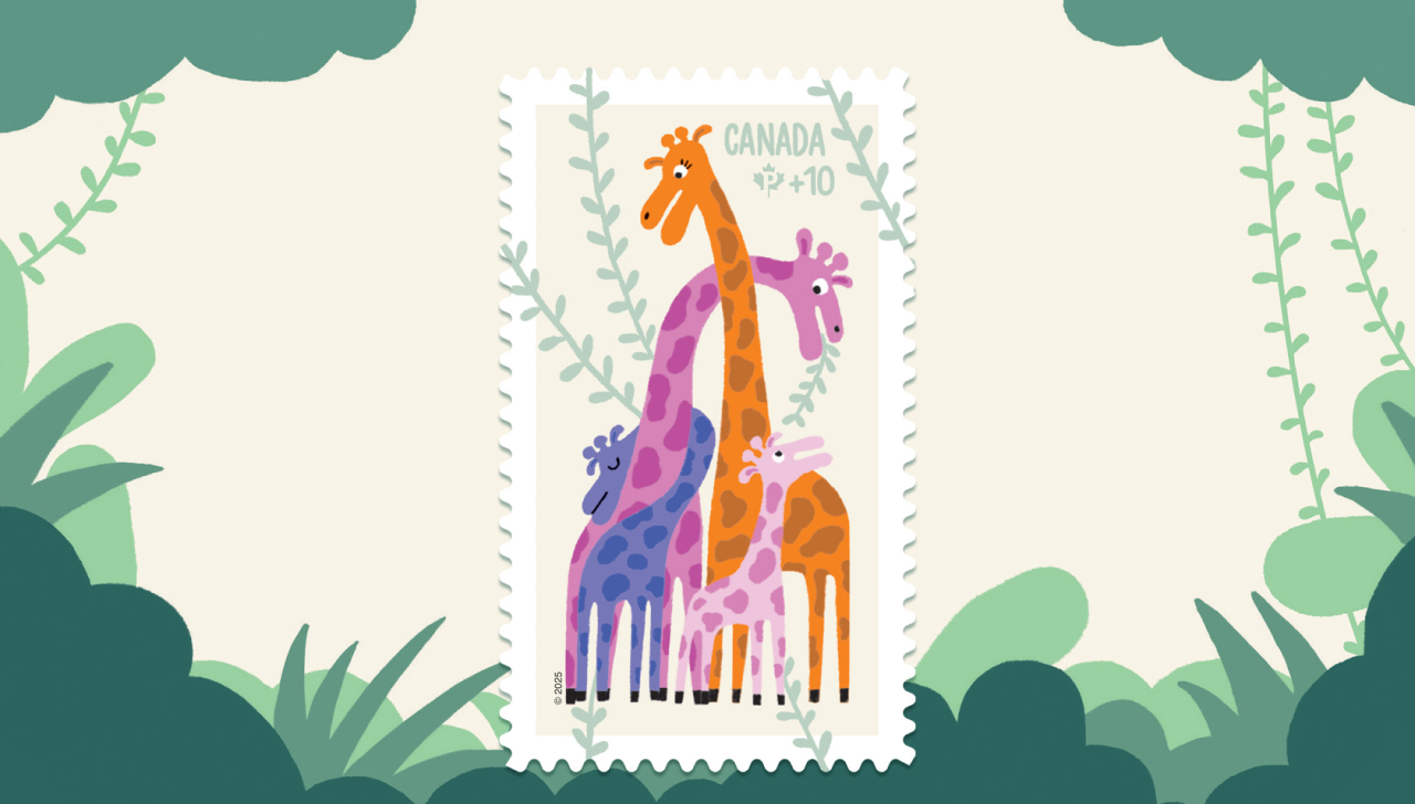 The 2025 Community Foundation stamp features an illustration of giraffes caring for their young.