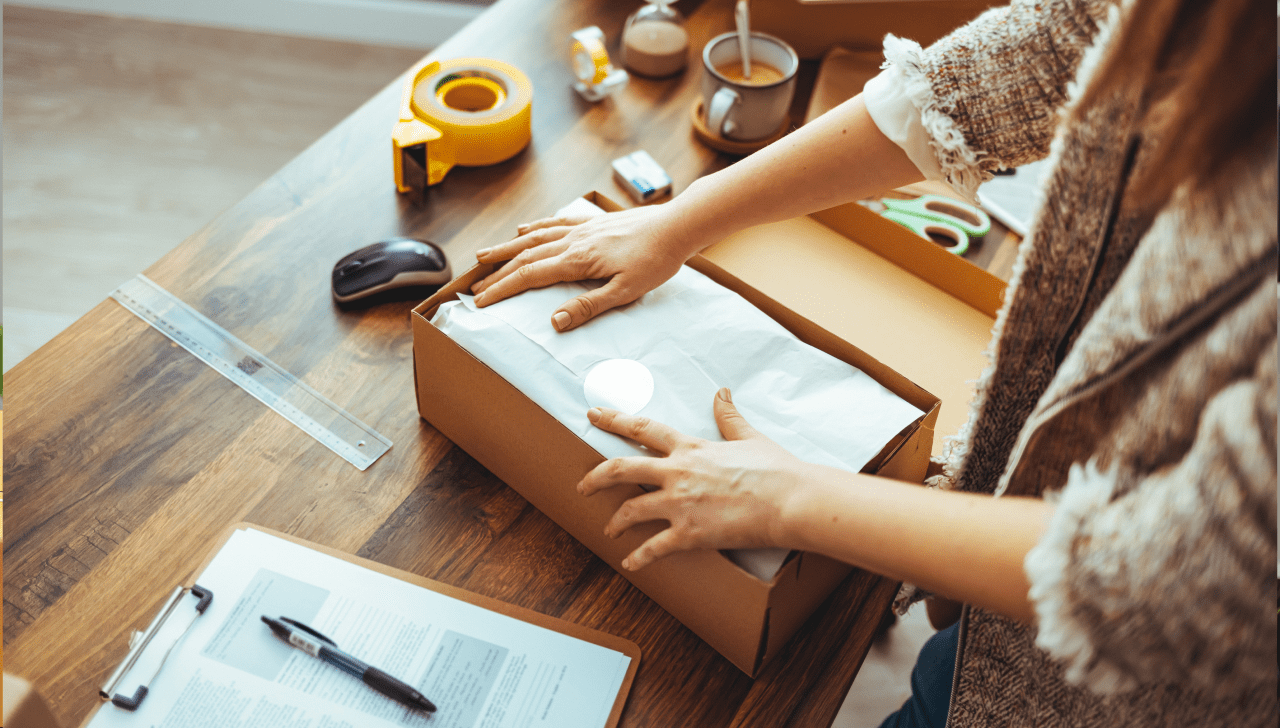 A small business owner stands at a table, packing a small box for shipping. 