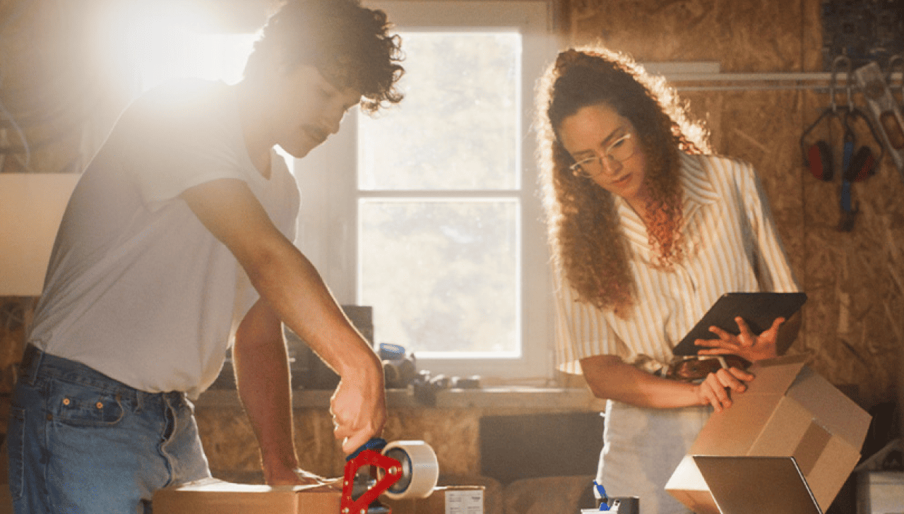 People packing a cardboard box in a sunlit room, with one using tape and another holding a tablet.