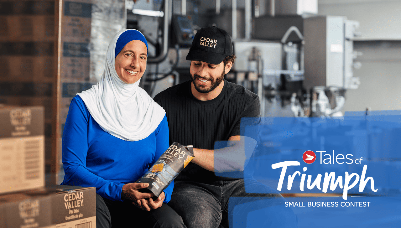 'Tales of Triumph Small Business Contest'. Surria Fadel and Ameen Fadel, Co-Founders, Cedar Valley, smile and eat one of their products together.