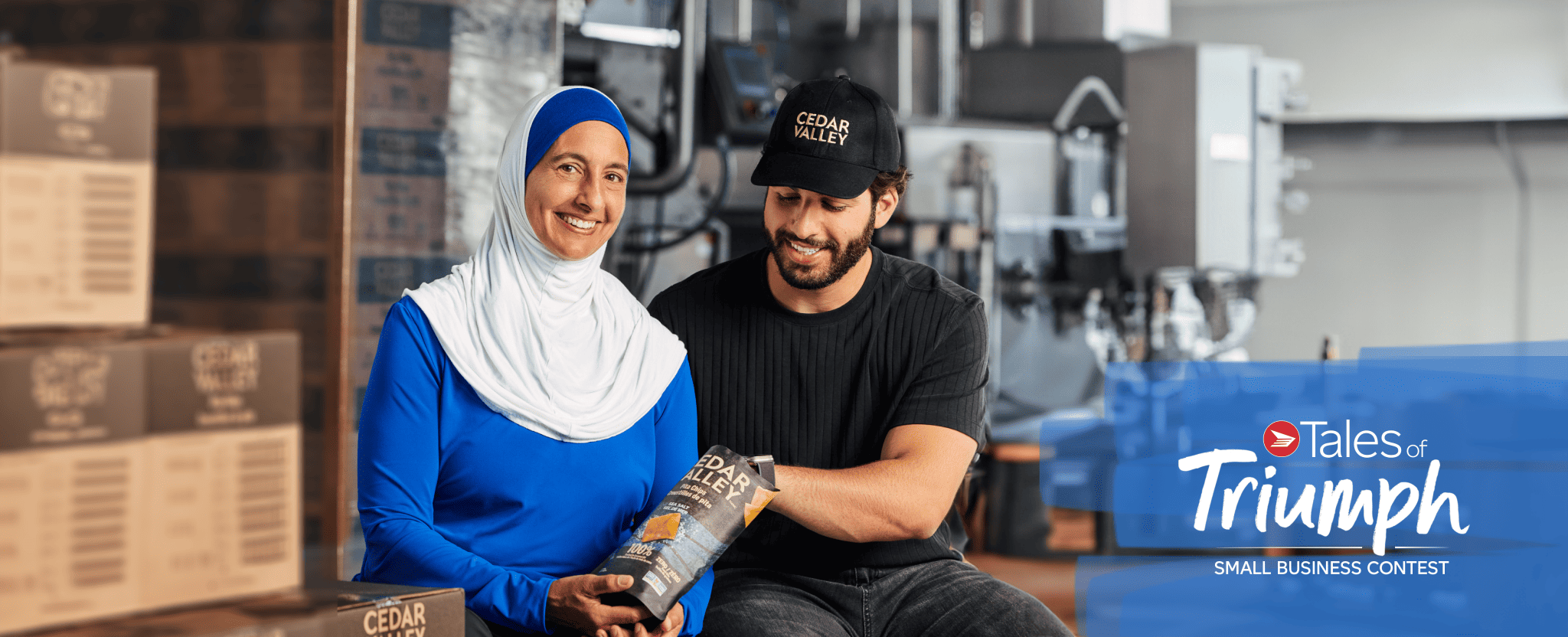 'Tales of Triumph Small Business Contest'. Surria Fadel and Ameen Fadel, Co-Founders, Cedar Valley, smile and eat one of their products together.