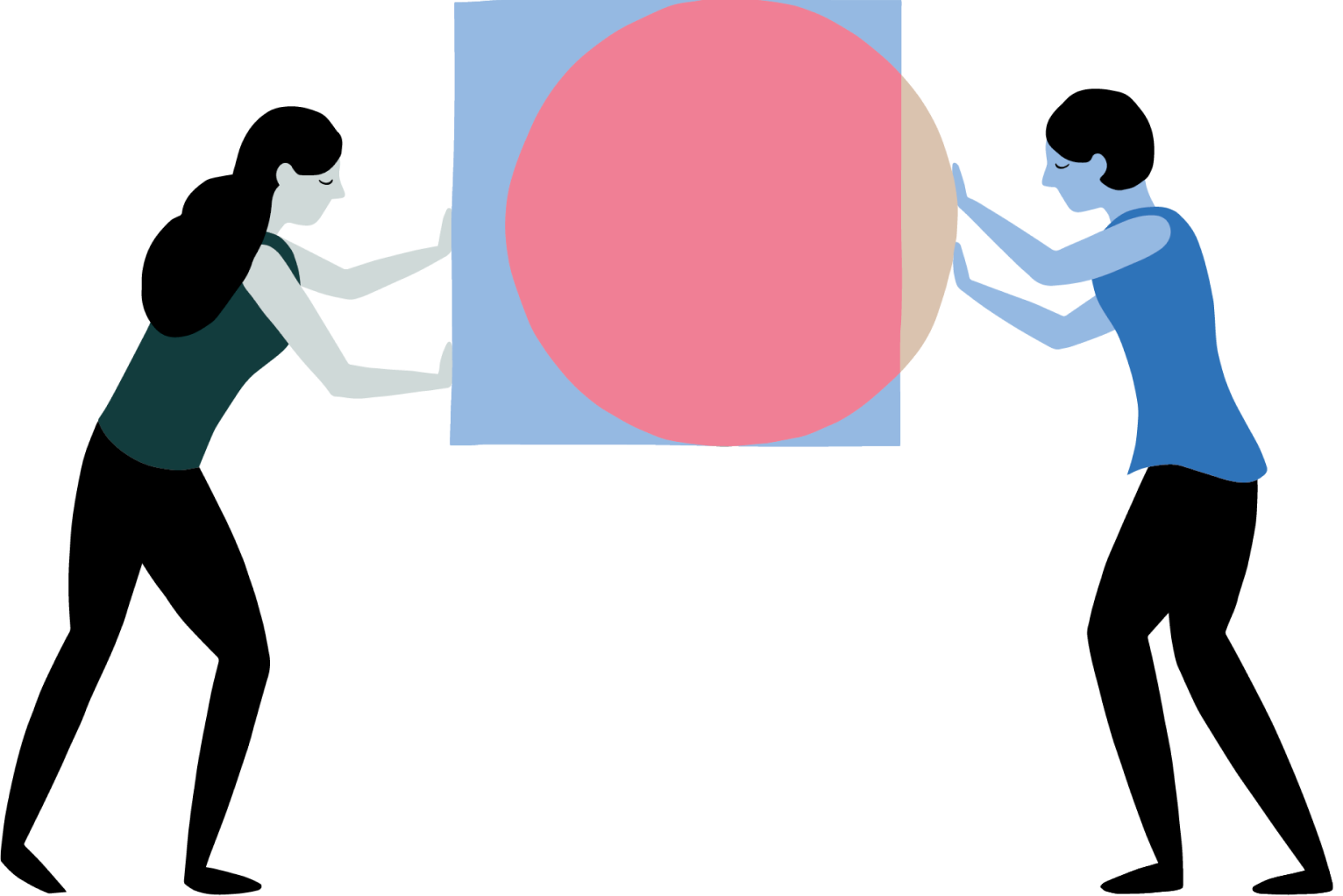 A woman pushes a square toward another woman, who pushes a circle. The two shapes overlap.