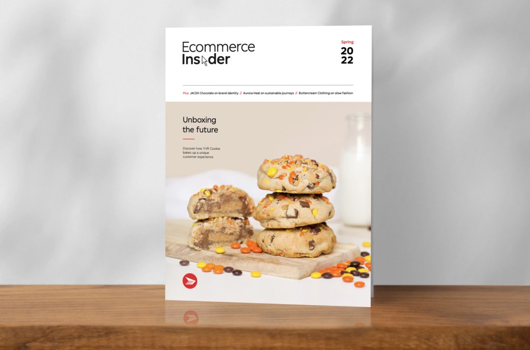 The cover of the spring 2022 edition of Ecommerce Insider magazine features a stack of YVR Cookie Co. cookies.