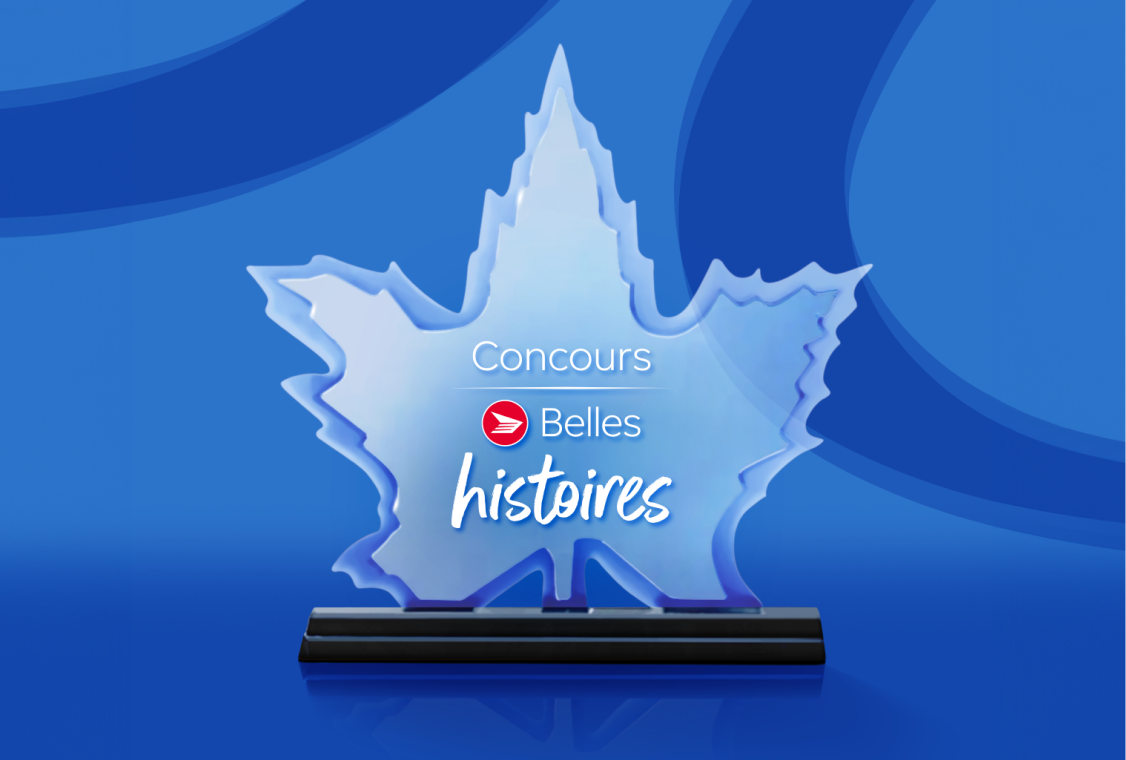 Le trophée du concours Les belles histoires de petites entreprises en forme de feuille d’érable.