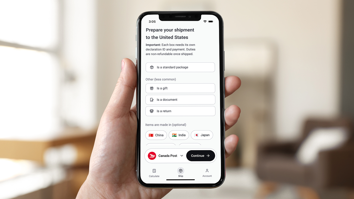 The Zonos app on a smart phone is open to a page that reads “prepare you shipment to the United States.”