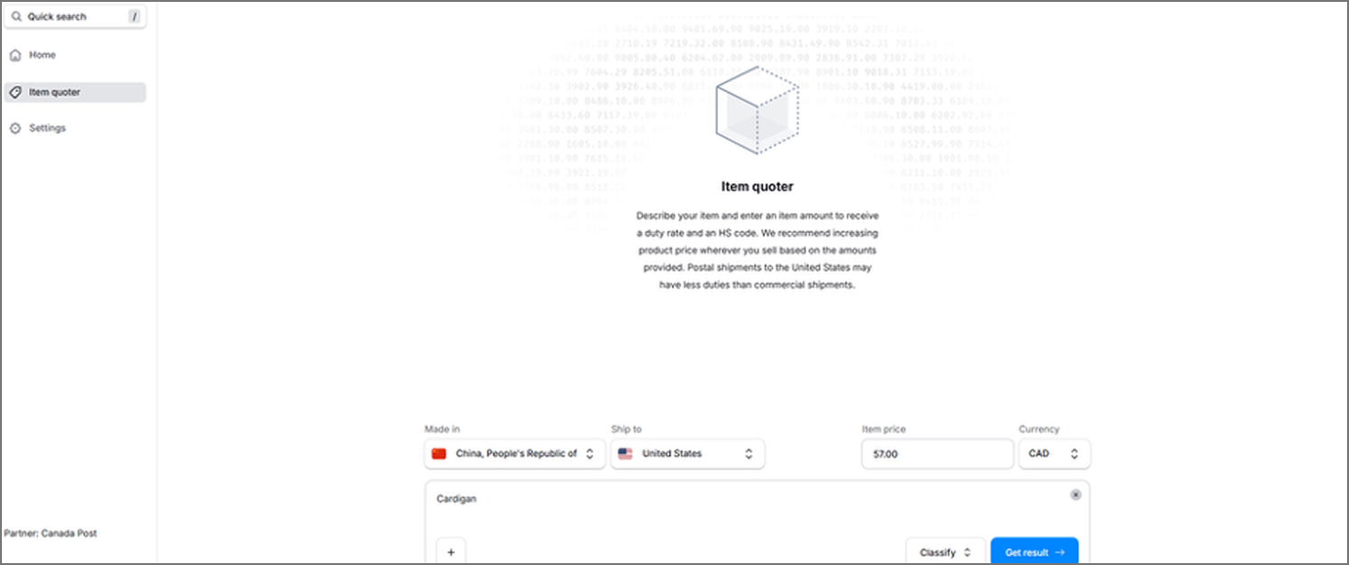 Zonos Prepay app screen showing &ldquo;Item quoter&rdquo; tool with guidance for estimating duties and HS codes for shipments.