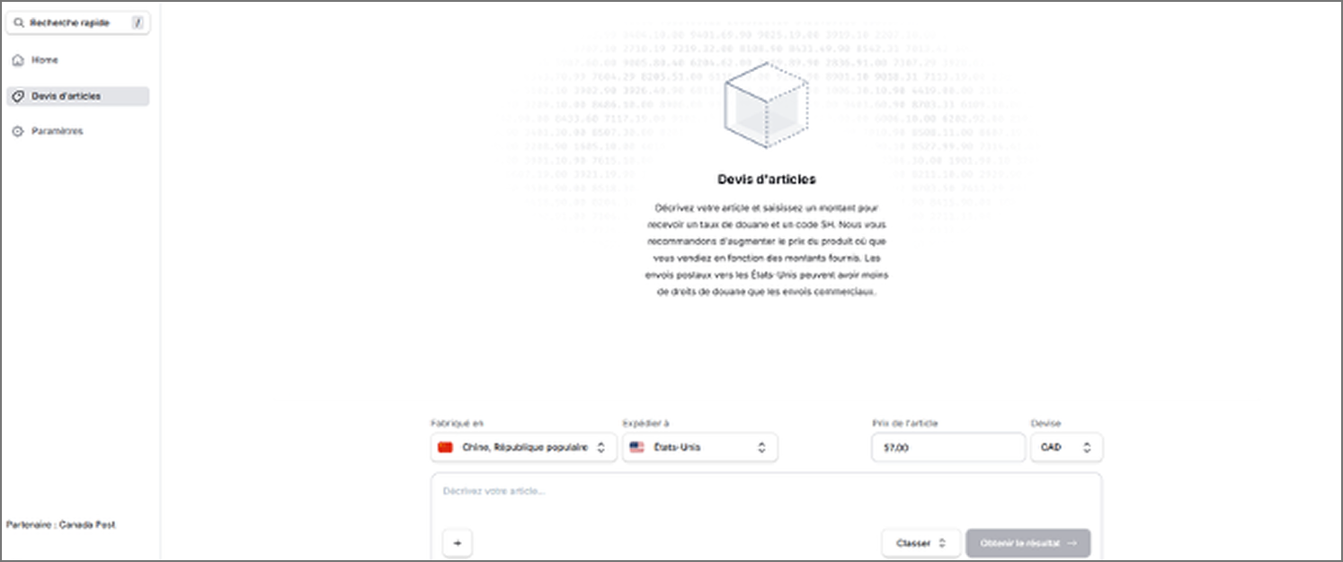 &Eacute;cran de Zonos Prepay avec l&rsquo;outil &laquo; Devis d&rsquo;article &raquo; pour des conseils sur les droits de douane et l&rsquo;obtention de codes SH.