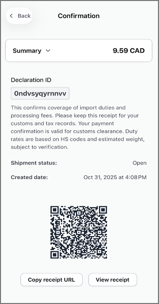 Zonos Prepay app confirmation screen showing import duty receipt for 9.59 CAD with declaration ID, shipment status, and QR code.