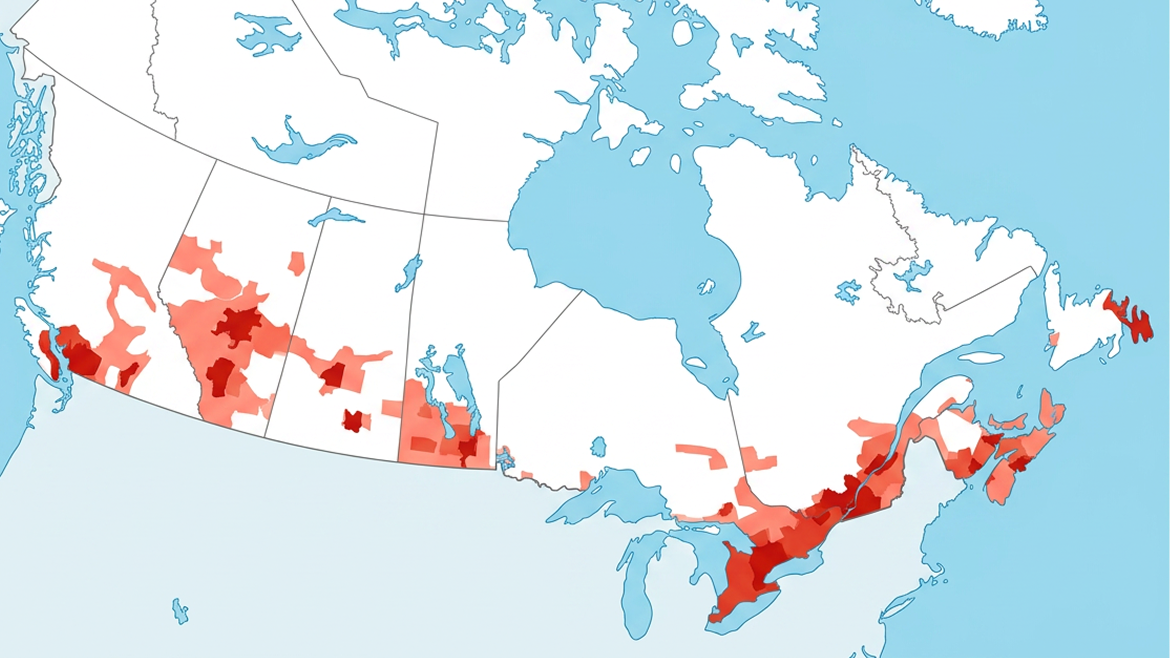A map of Canada with shaded areas showing parts of the country where Home Pickup is currently available.