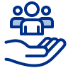 Hand supporting a group of people icons, representing customer support, community assistance, or people-focused services.