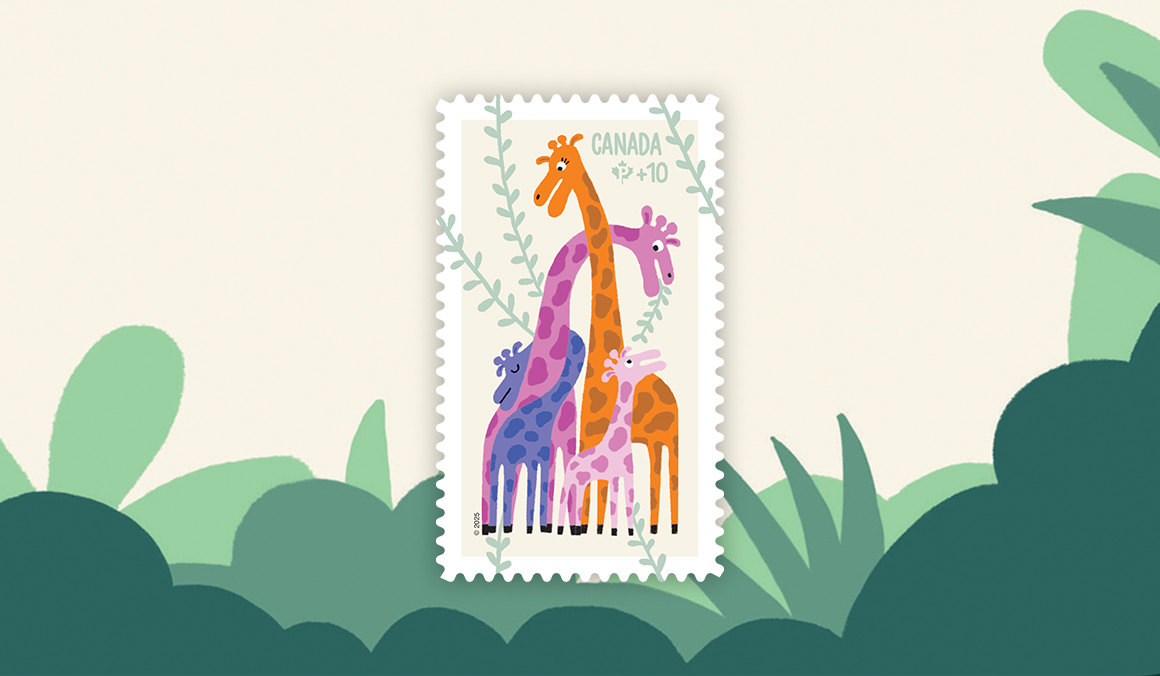 The 2024 Community Foundation stamp features an illustration of animals floating in a hot air balloon.