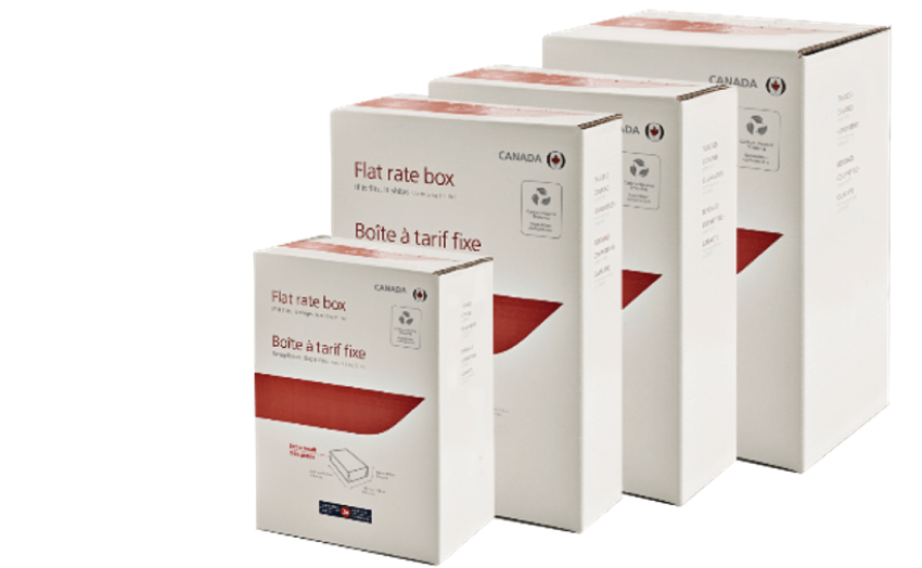 Canada Post flat rate boxes lined up from smallest to largest, showing the four different sizes.