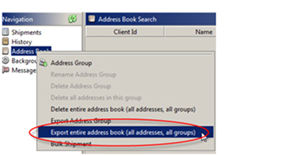 EST 2.0 navigation menu with &ldquo;Export entire address book (all addresses, all groups)&rdquo; highlighted.