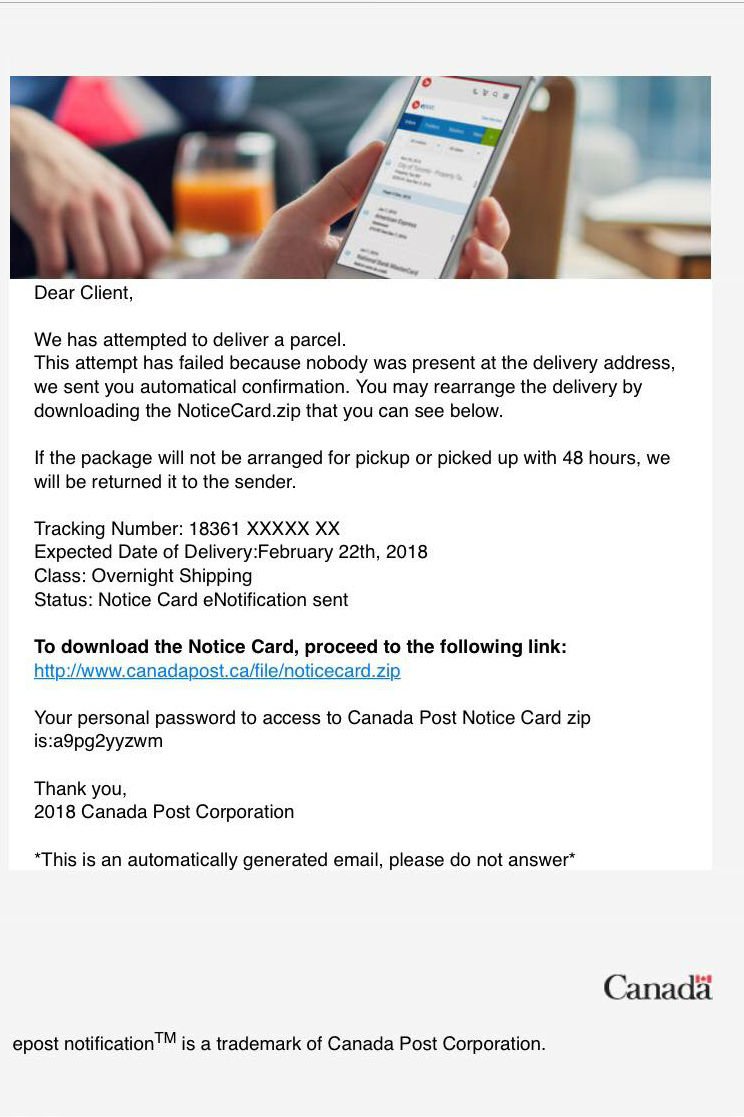 Fraudulent email seeming to be from Canada Post, with generic greeting, sense of urgency, download link and poor grammar.