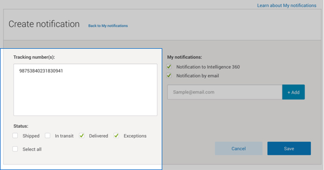 Intelligence 360 notification menu with tracking number field highlighted.