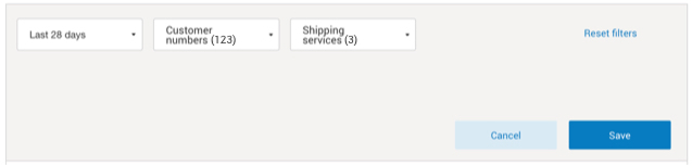 Intelligence 360 timeframe, customer number and shipping service filter options.