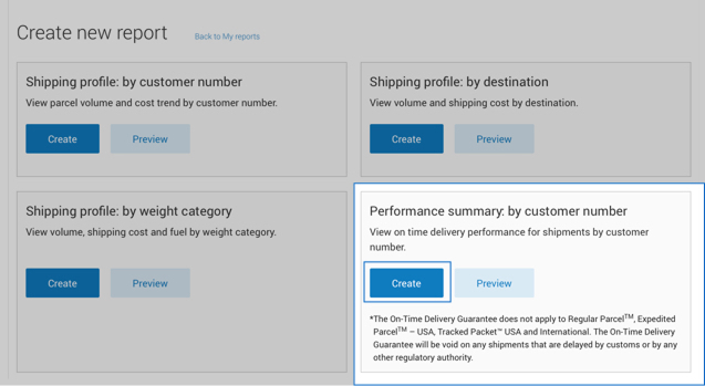 Intelligence 360 &ldquo;Create new report&rdquo; menu with &ldquo;Performance summary: by customer number&rdquo; option highlighted.