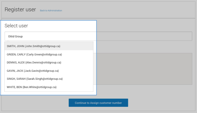 Intelligence 360 drop down list of potential users under &ldquo;Register user&rdquo;.
