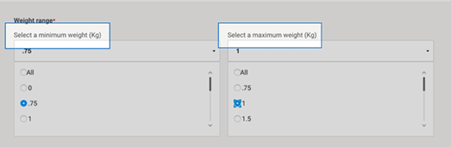Intelligence 360 menu with fields for minimum and maximum weight highlighted.