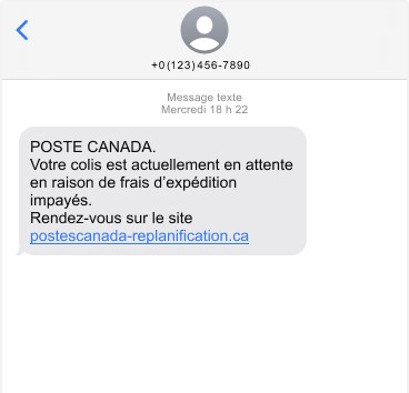 Message texte frauduleux semblant provenir de Postes Canada, le numéro de provenance, le ton et le lien sont suspects