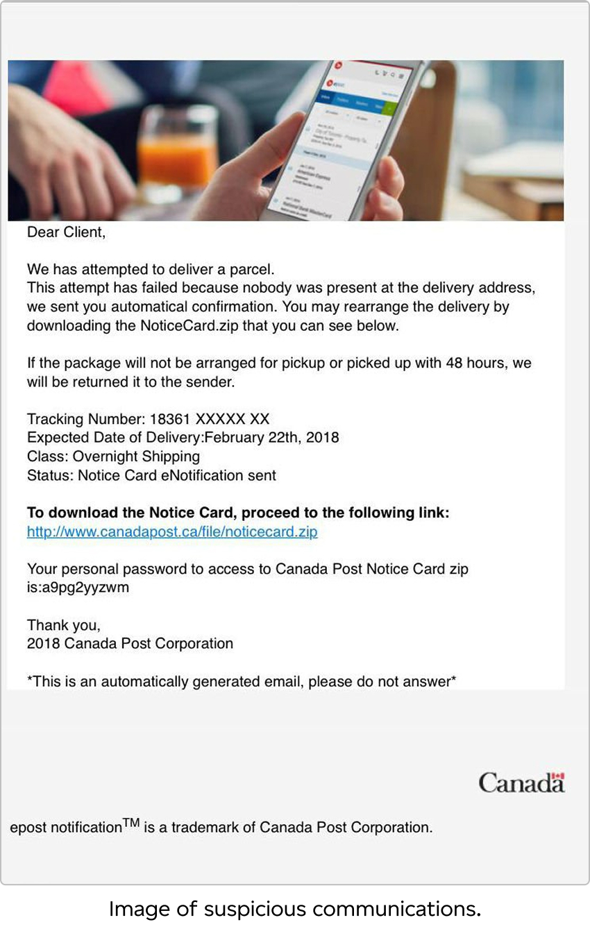 Fraudulent email seeming to be from Canada Post, with generic greeting, sense of urgency, download link and poor grammar.