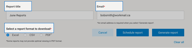 Intelligence 360 menu with fields for a report title, email address and download format fields highlighted.