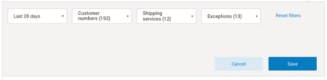 Intelligence 360 timeframe, customer number, shipping service and exceptions filter options.