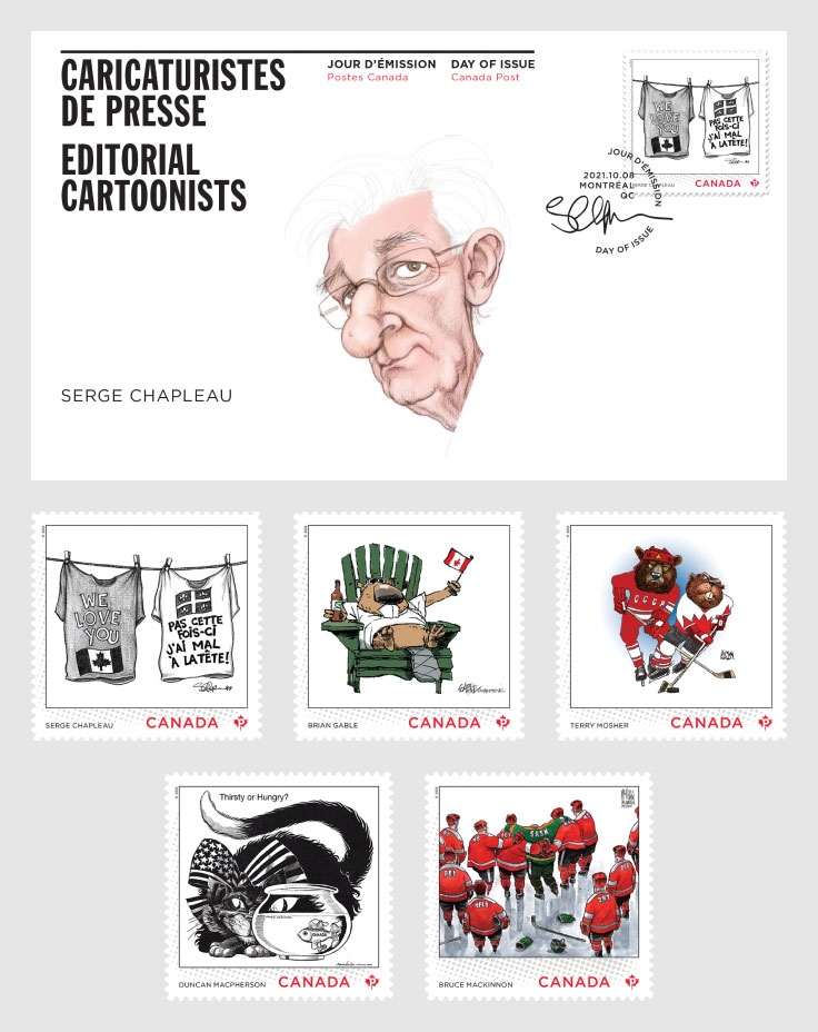 The Editorial Cartoonists stamp issue featuring illustrations by Serge Chapleau, Brian Gable, Terry Mosher, Duncan Macpherson and Bruce MacKinnon.