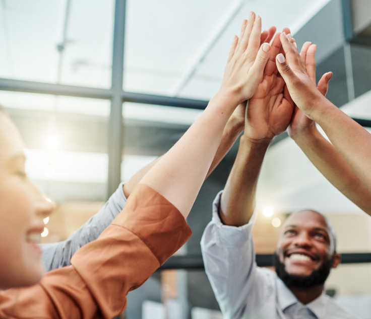 Five diverse employees high five each other. 