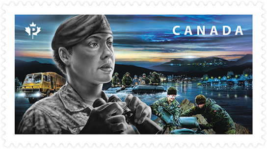 Canada Post stamp honouring Canadian Armed Forces. Stamp depicts CAF members responding to a natural disaster, a flood.